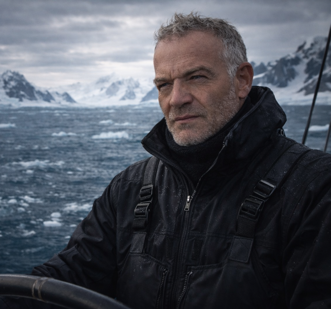 The Captain at the helm in rough seas